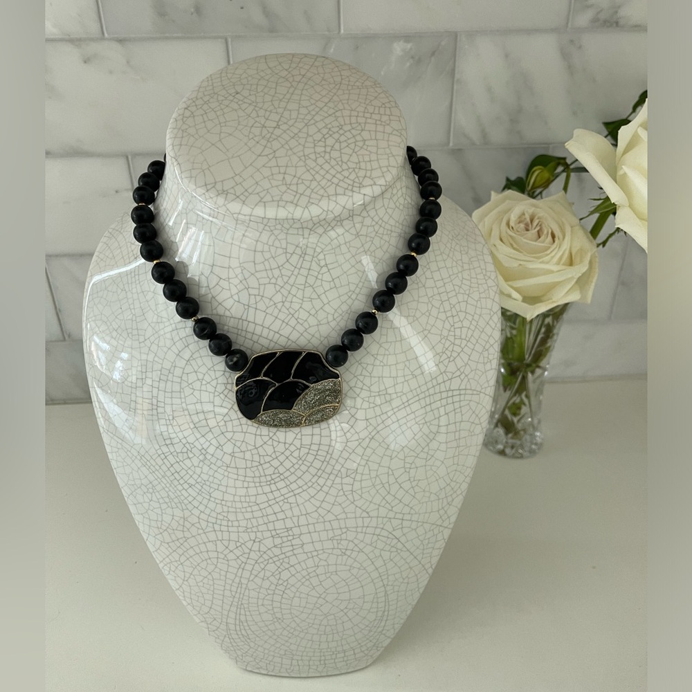 BUY 1 GET 1 - Vintage 1980s Style Black Gold Statement Necklace